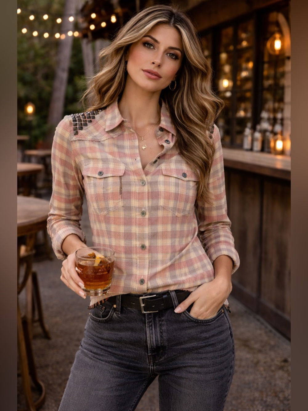 Zadig & Voltaire Plaid Studded Button Down Shirt Small Edgy Boho Luxe